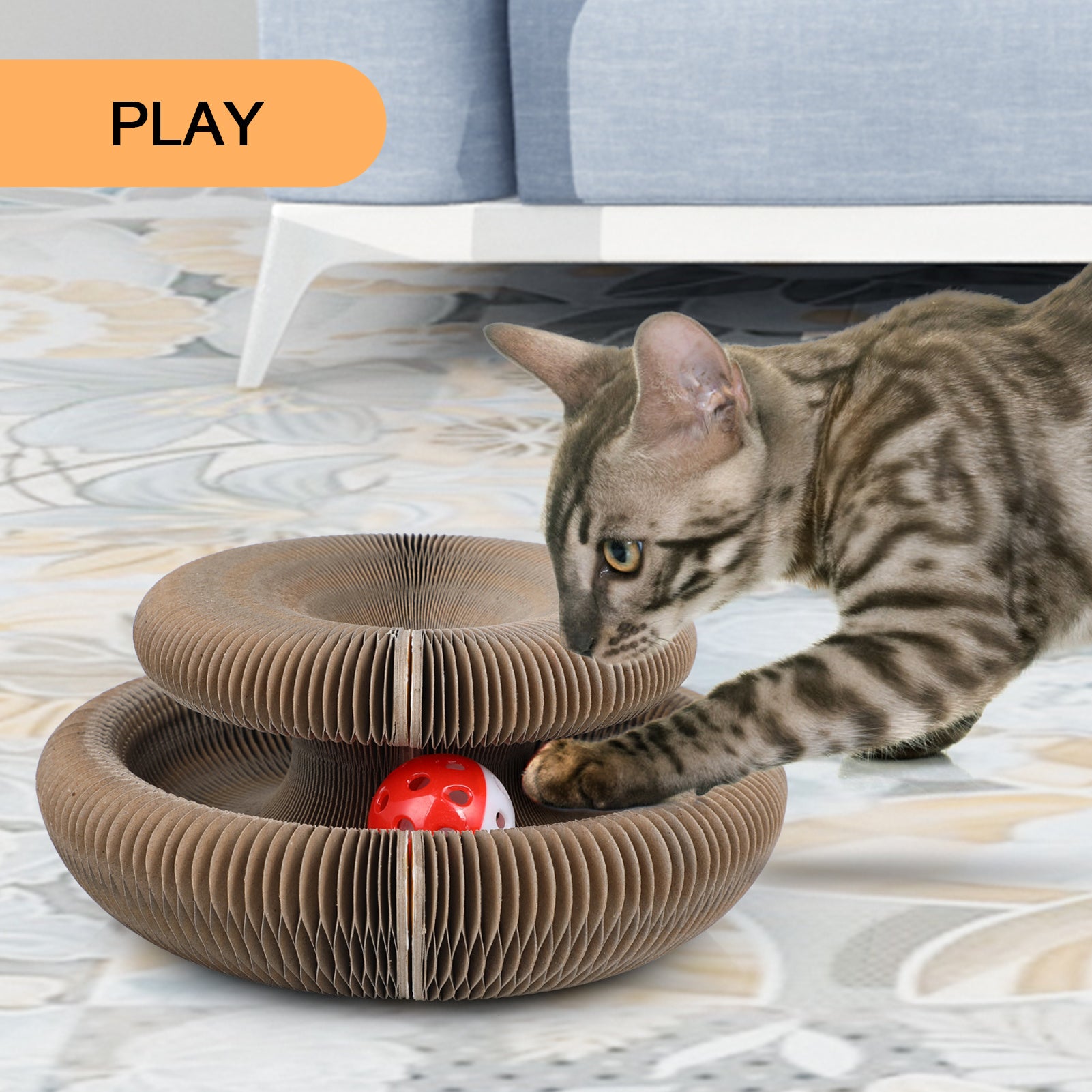 FluffyDream Magic Organ Cat Scratching Board, Interactive Scratch Pad with a Ball, Cat Scratcher for Grinding Claw, Recyclable and Durable, Furniture Protector, Retractable, Brown, Reversible