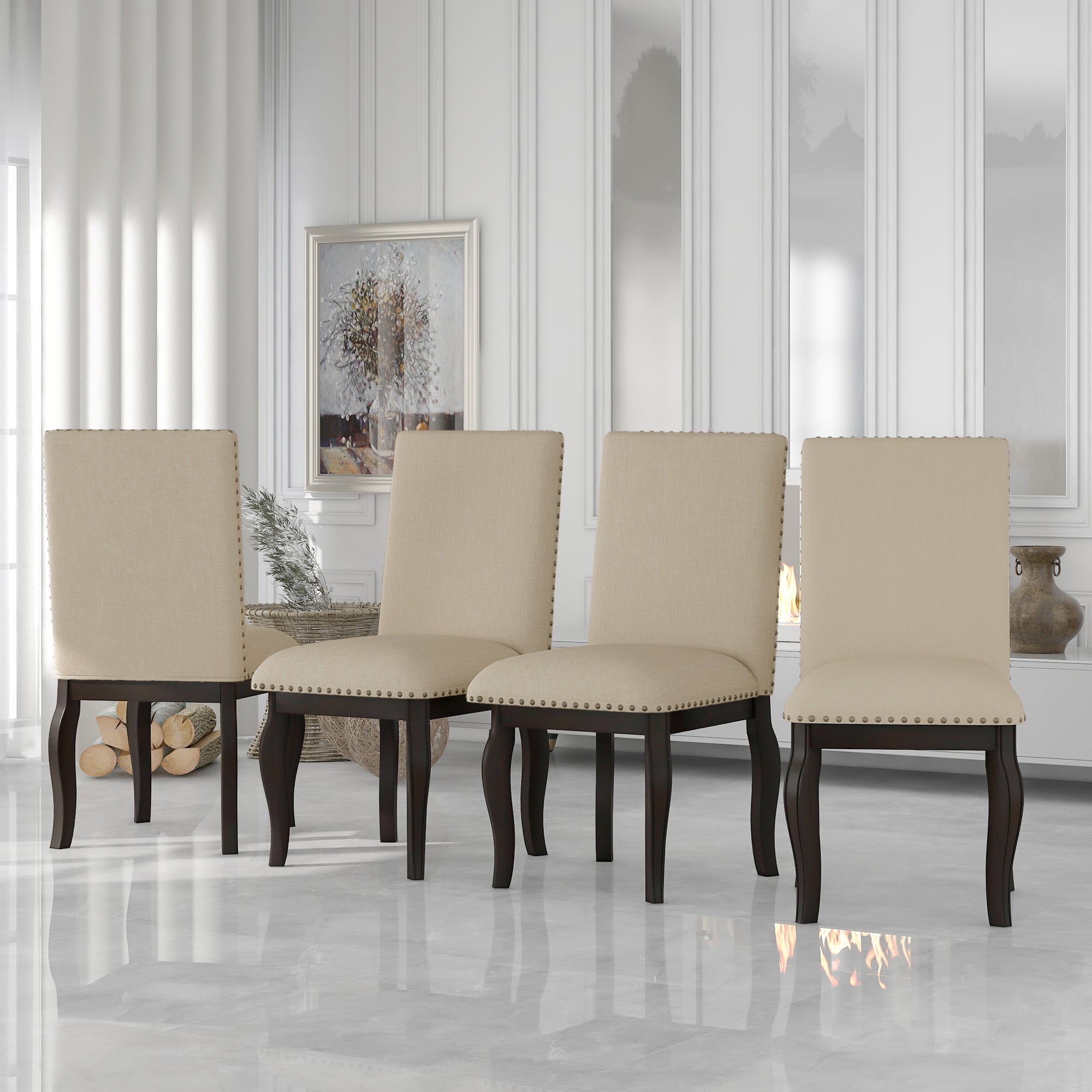 TREXM Set of 4 Dining chairs Wood Upholstered Fabirc Dining Room Chairs with Nailhead (Espresso)