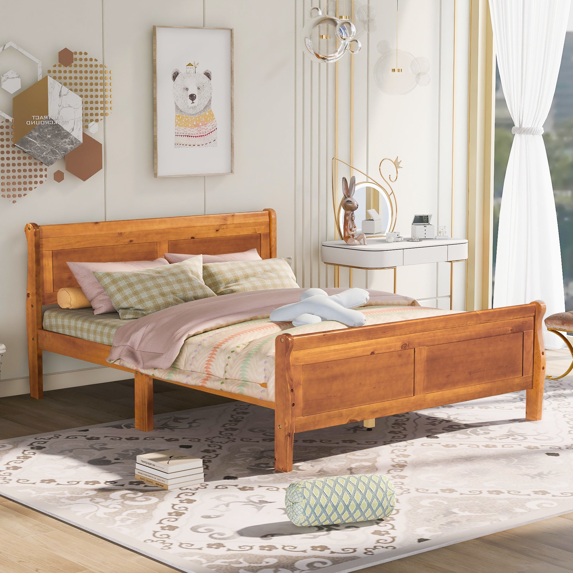 Queen Size Wood Platform Bed with Headboard and Wooden Slat Support (Oak)