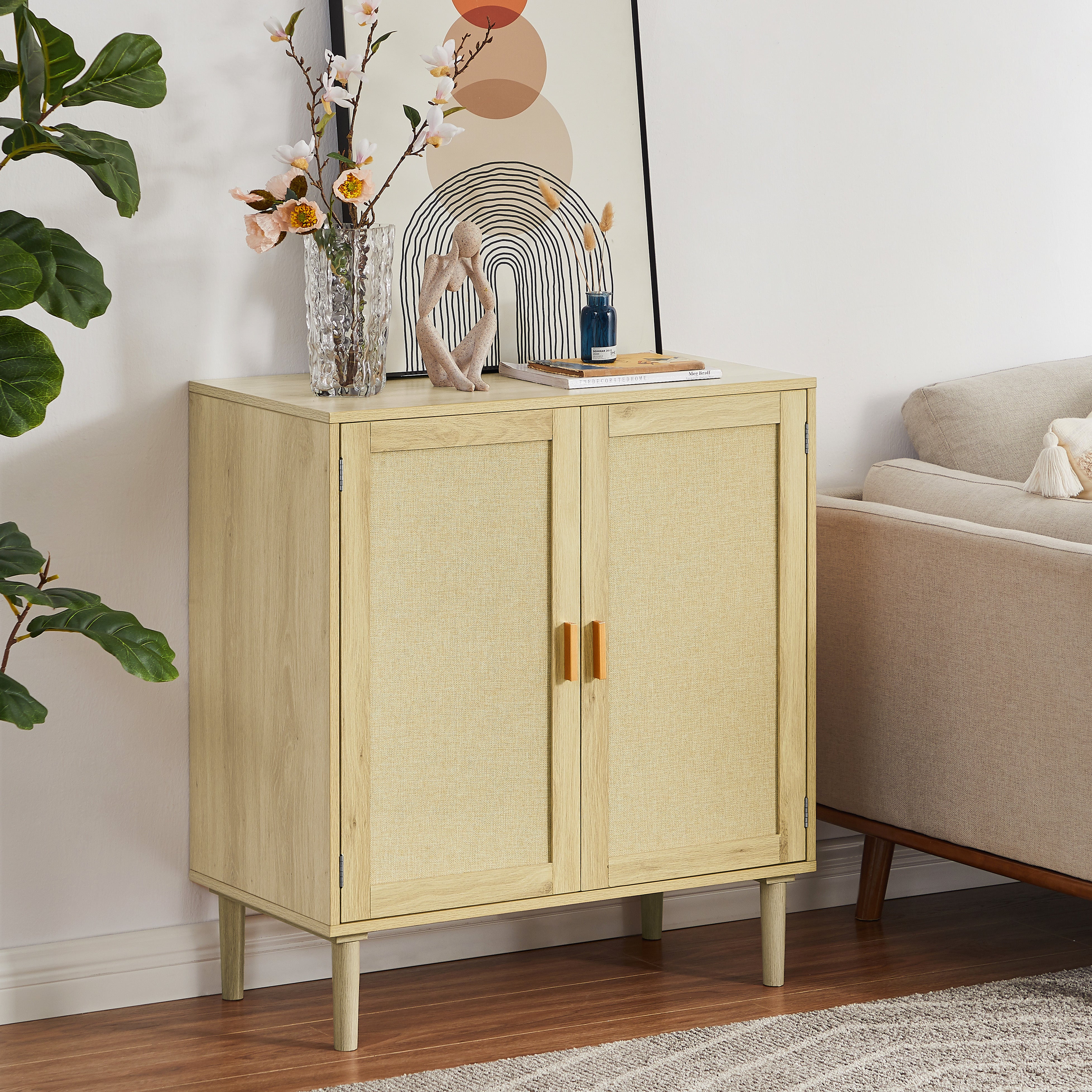 Mid-Century 2-Door Accent Chest, Wood Storage Cabinet with Shelf and Fabric Covered Panels(Natural, 31.5''w x 15.8''d x 34.6"h).