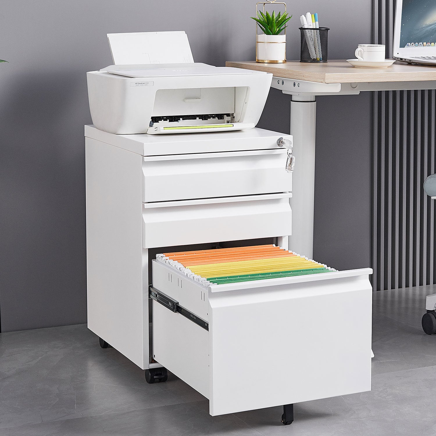 3-Drawer Mobile File Cabinet with Lock, Office Storage Filing Cabinet for Legal/Letter Size, Pre-Assembled Metal File Cabinet Except Wheels Under Desk(White)