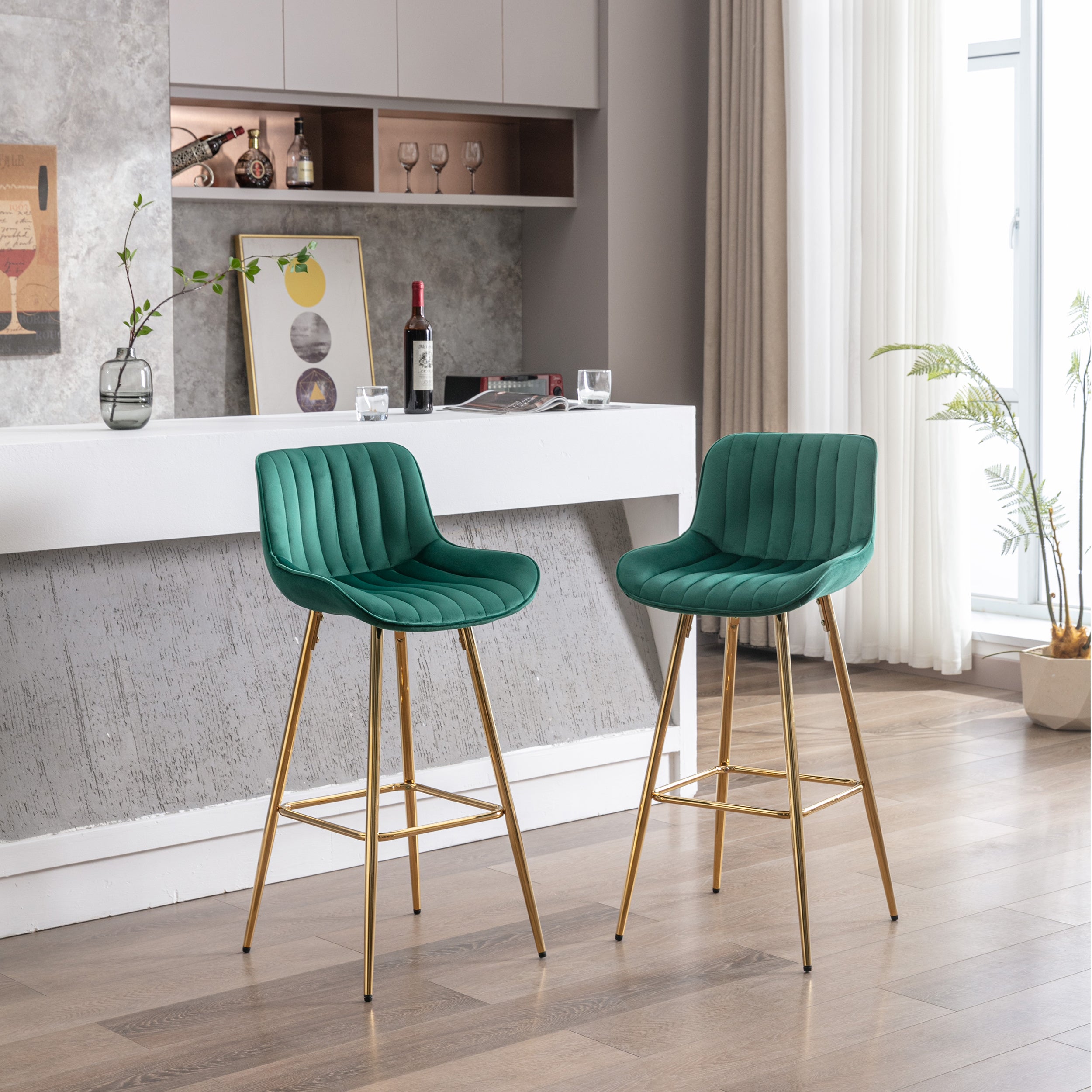 30 inch Set of 2 Bar Stools,with Chrome Footrest Velvet Fabric Counter Stool Golden Leg Simple High Bar Stool,GREEN