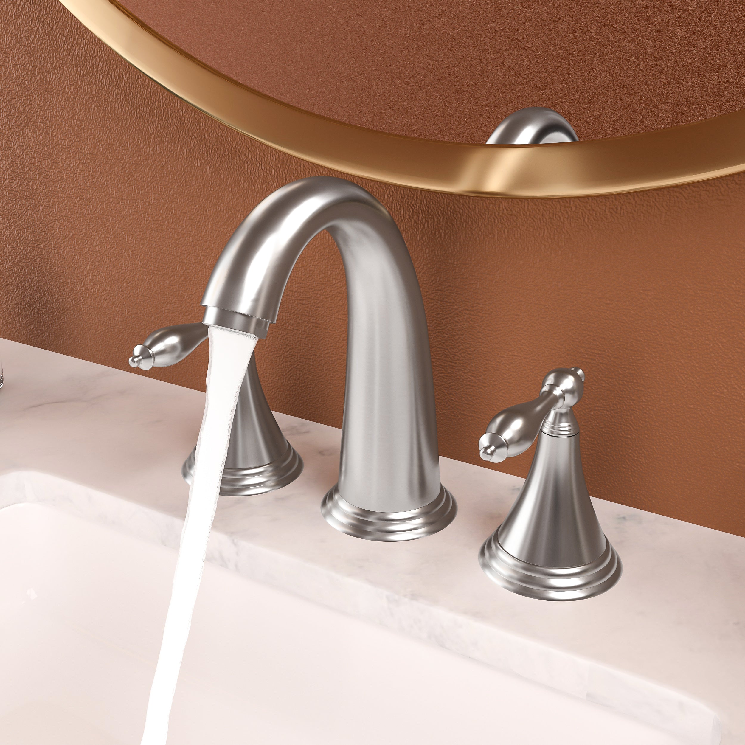 2 Handle Widespread Bathroom Faucet 3 Hole, with Pop Up Drain and 2 Water Supply Lines, Brushed Nickel