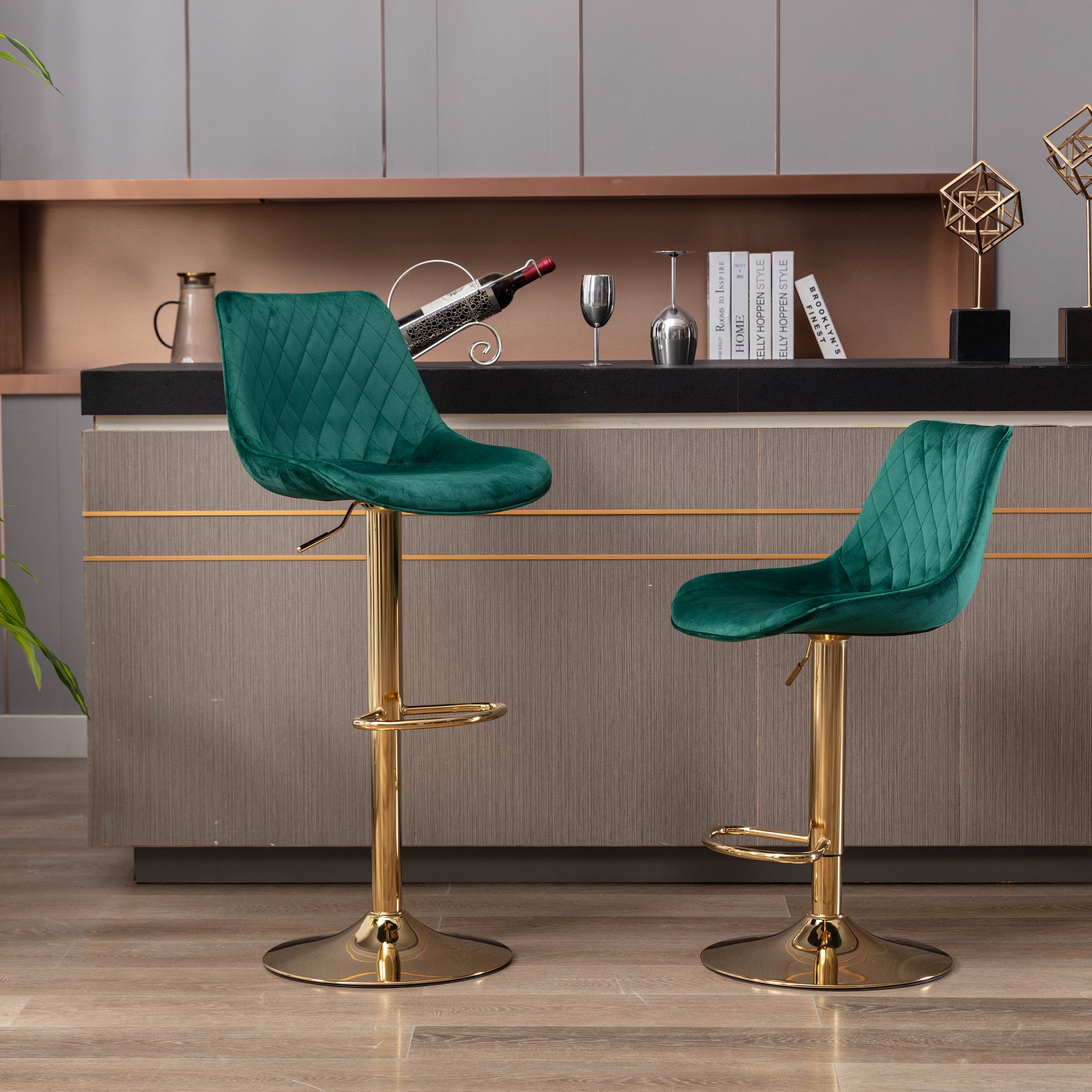 Set of 2 Bar Stools,with Chrome Footrest and Base Swivel Height Adjustable Mechanical Lifting Velvet + Golden Leg Simple Bar Stool-green