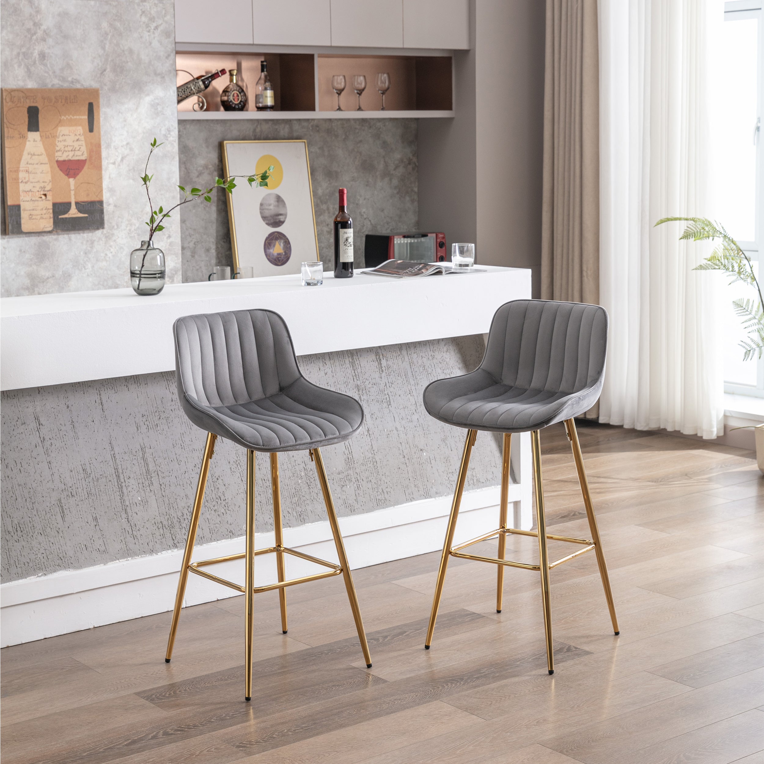 30 inch Set of 2 Bar Stools,with Chrome Footrest Velvet Fabric Counter Stool Golden Leg Simple High Bar Stool,GRAY