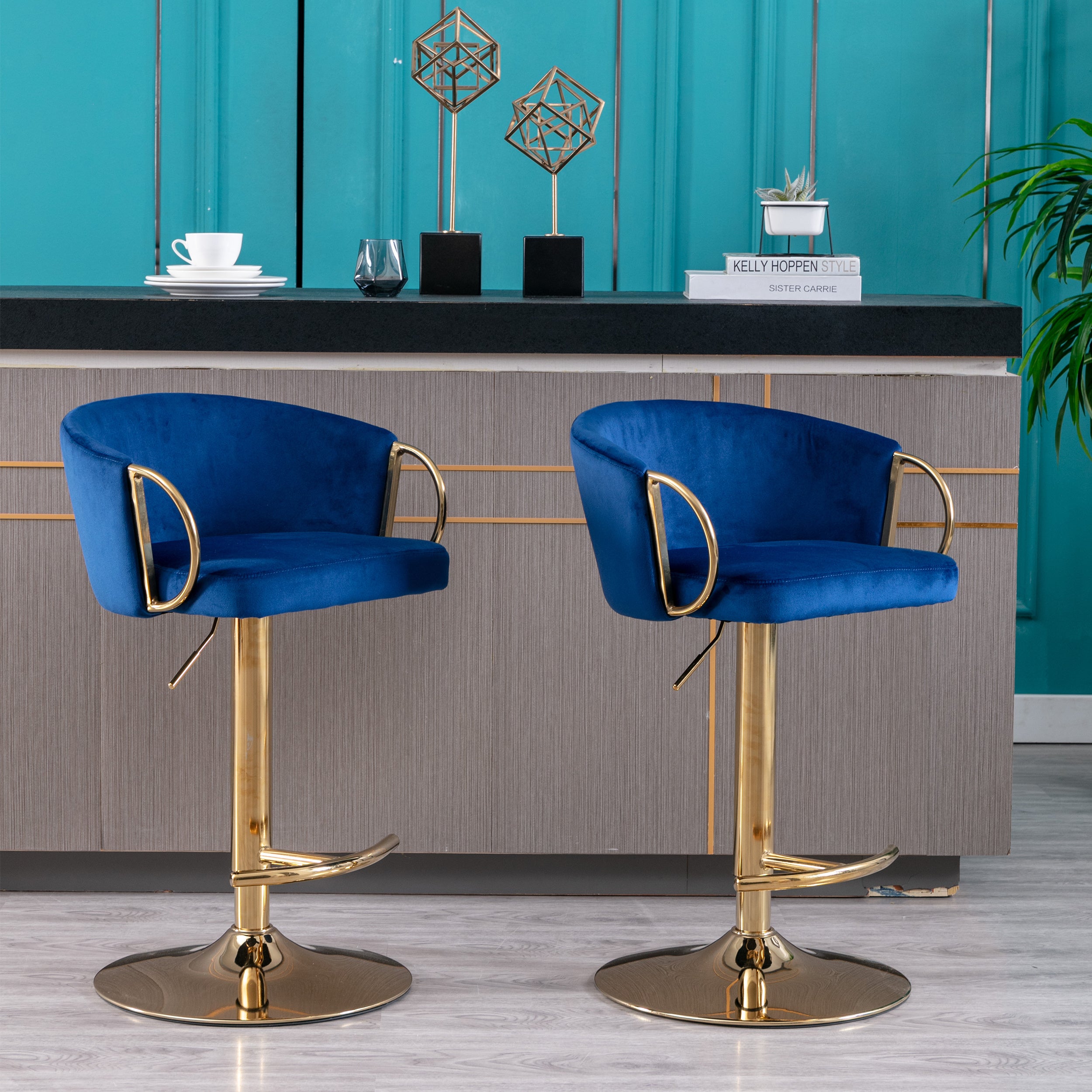 Set of 2 Bar Stools,with Chrome Footrest and Base Swivel Height Adjustable Mechanical Lifting Velvet + Golden Leg Simple Bar Stool-Navy