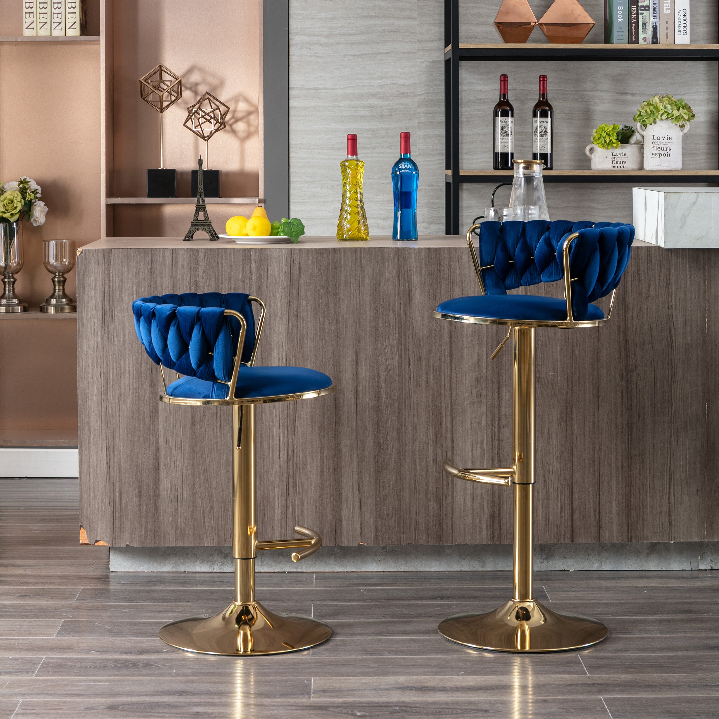 Set of 2 Bar Stools,with Chrome Footrest and Base Swivel Height Adjustable Mechanical Lifting Velvet + Golden Leg Simple Bar Stool-BLUE