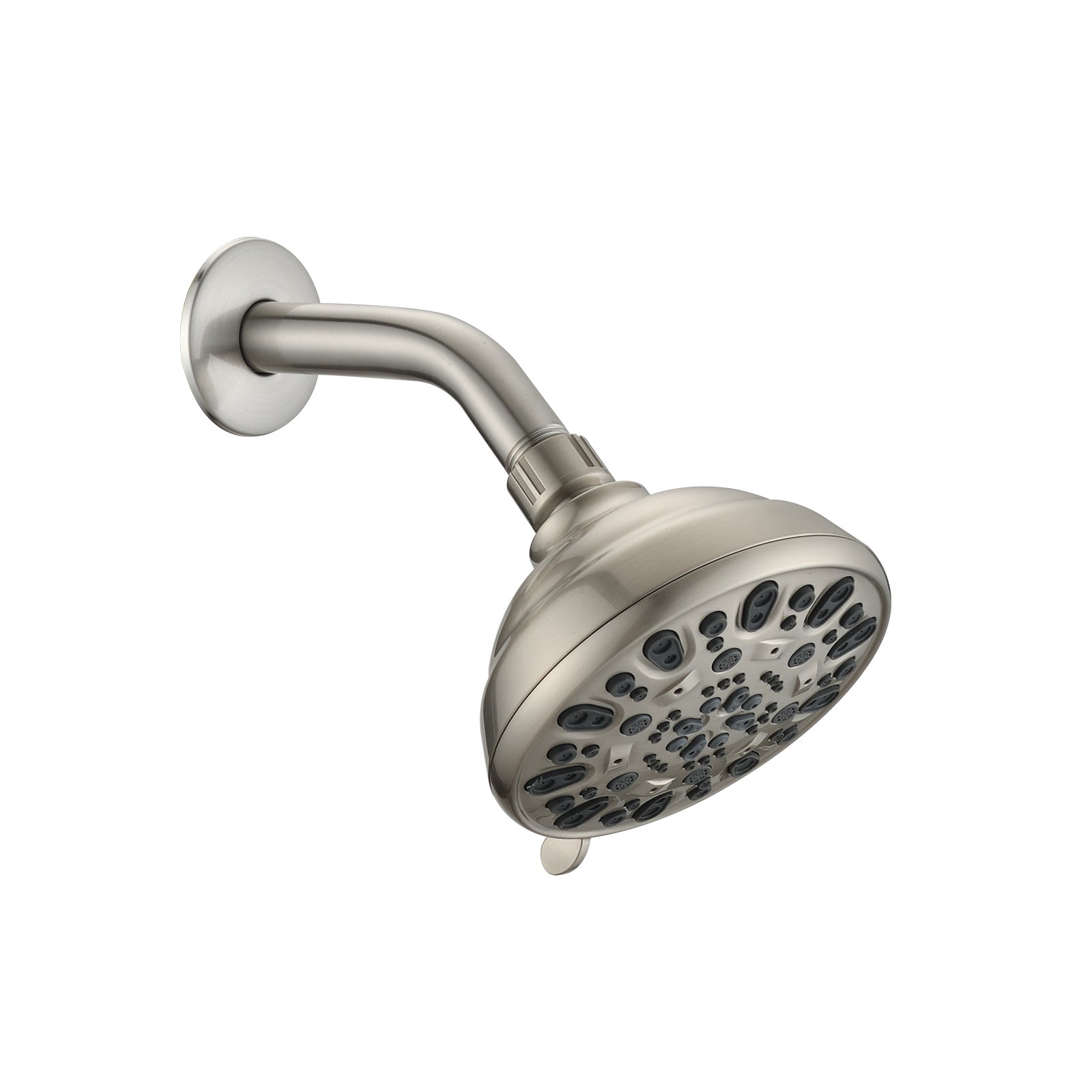 Brushed nickel high pressure 6-setting 4" shower head - Angle adjustable, clog-proof shower head