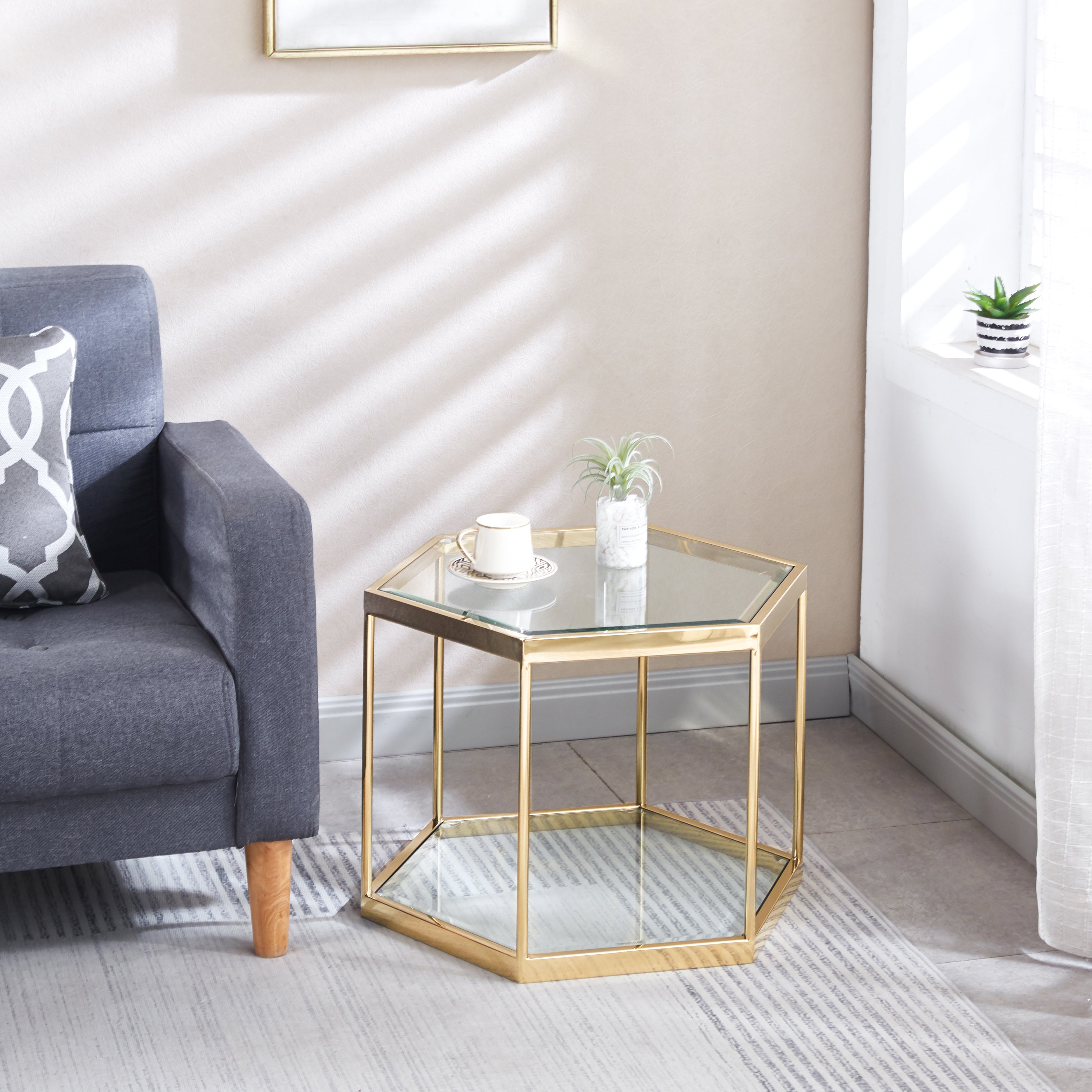 Modern Glass Coffee Table with Gold Finish Stainless Steel Frame