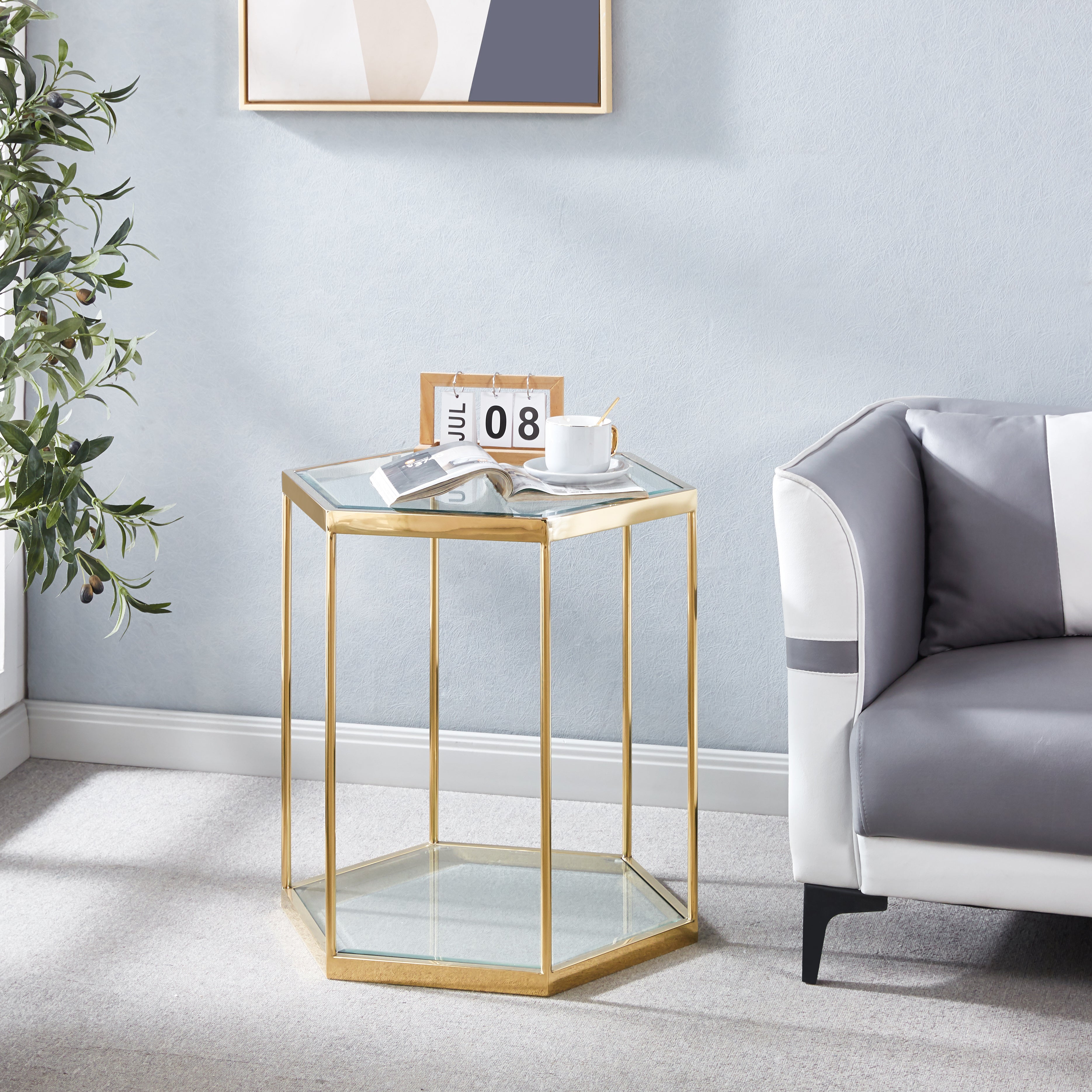 Modern Glass End Table with Gold Finish Stainless Steel Frame