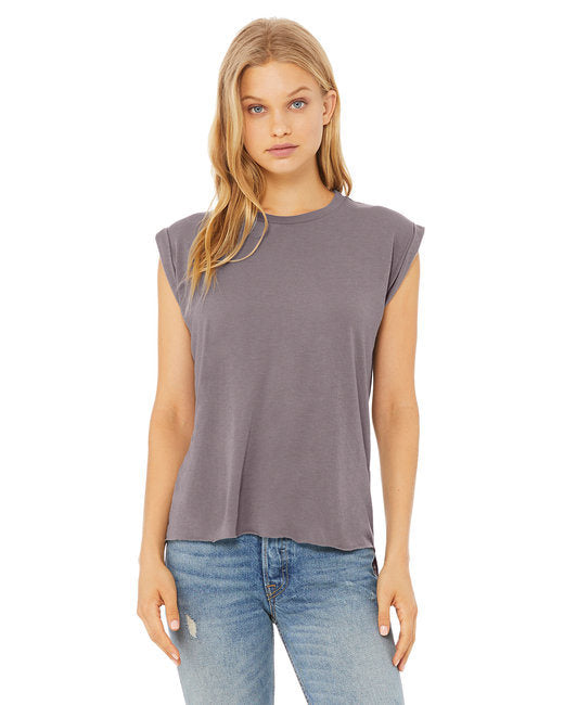 Ladies' Flowy Muscle T-Shirt with Rolled Cuff - DARK GRY HEATHER - S