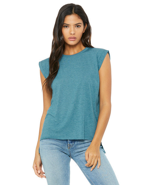 Ladies' Flowy Muscle T-Shirt with Rolled Cuff - DARK GRY HEATHER - S