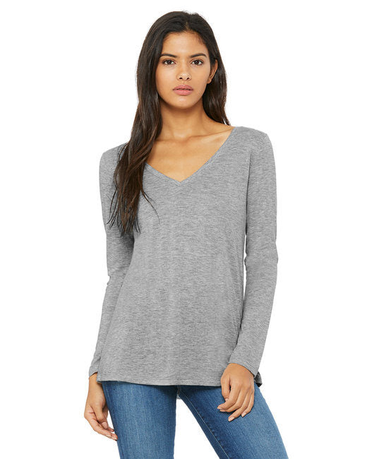 Ladies' Flowy Long-Sleeve V-Neck - WHITE - S