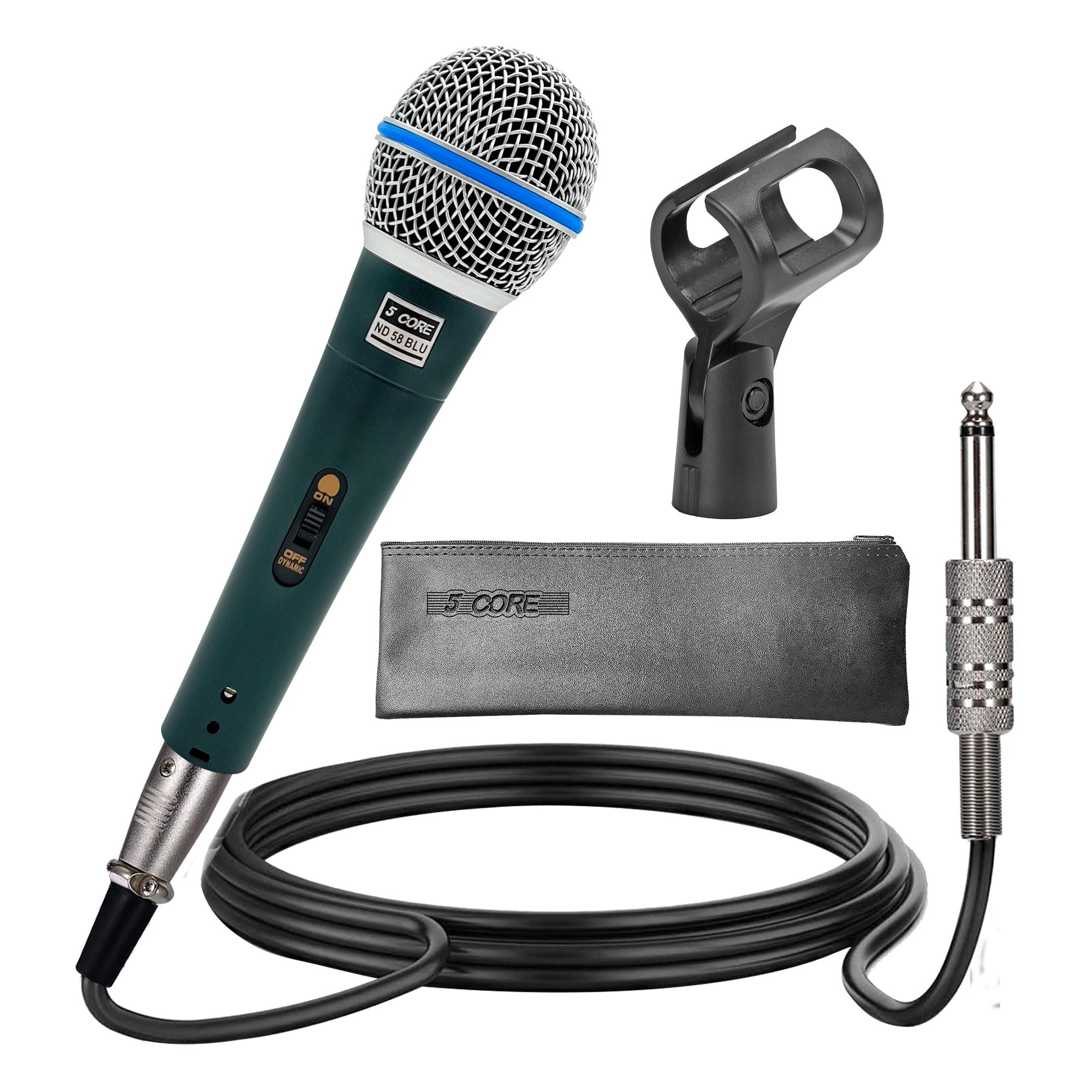 5 Core Professional Dynamic Vocal Microphone Neodymium Cardioid Unidirectional Handheld Mic for Speakers Karaoke W/Steel Mesh Grille Metal Body ON/Off Switch 16ft Detachable Cable+ Clip+Bag- ND58 BLU