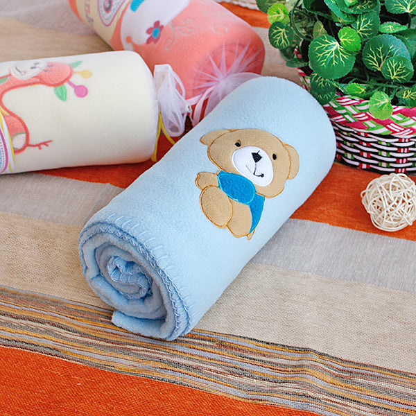 [Brown Bear - Blue] Embroidered Applique Coral Fleece Baby Throw Blanket (29.5 by 39.4 inches)