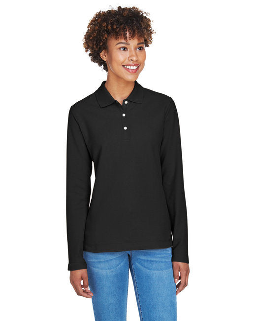 Ladies' Pima Piqué Long-Sleeve Polo - BLACK - S