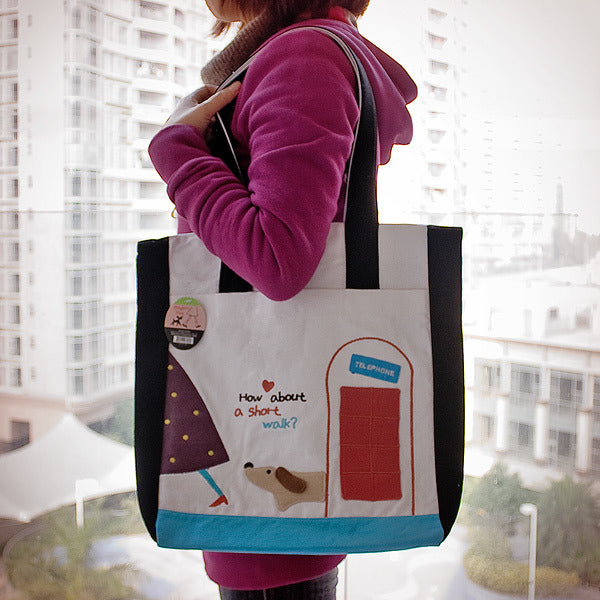 [A Short Walk] Embroidered Applique Fabric Art Shoulder Tote Bag / Shopper Bag (14*14.5*4)