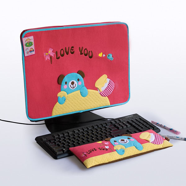 [Blue Bear-Red] Embroidered Applique Fabric Art 17 inch Monitor Screen Cover & Wrist Rest Pad