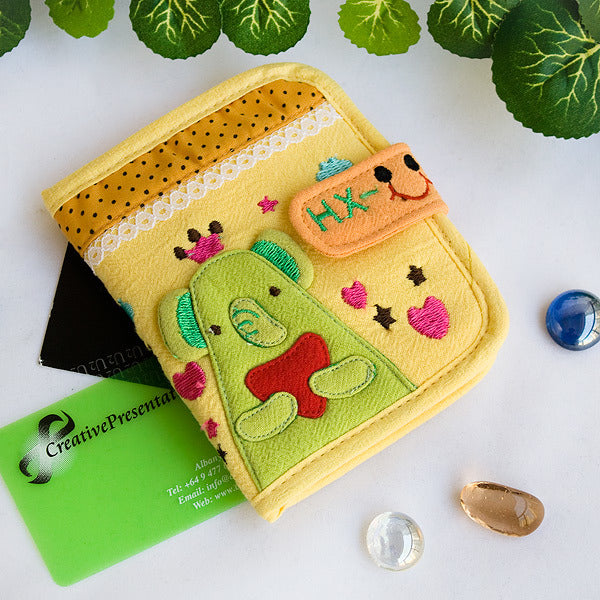 [Green Elephant] Embroidered Applique Fabric Art Wallet Purse / Card Holder (4.7*3.7)