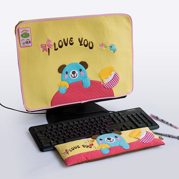 [Blue Bear-Yellow] Embroidered Applique Fabric Art 17 inch Monitor Screen Cover & Wrist Rest Pad