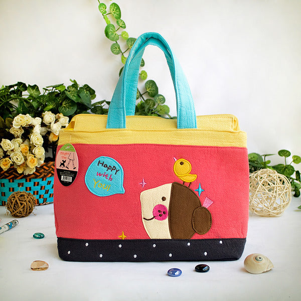 [Happy With You] Embroidered Applique Fabric Art Tote Bag / Shopper Bag (9.3*7.2*4.2)