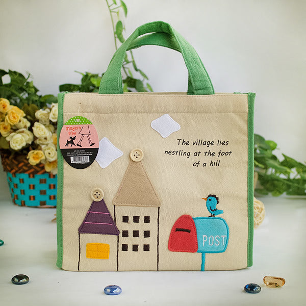 [Bird On Postbox] Embroidered Applique Fabric Art Lunch Tote / Lunch Box Bag (8.7*8*4.4)