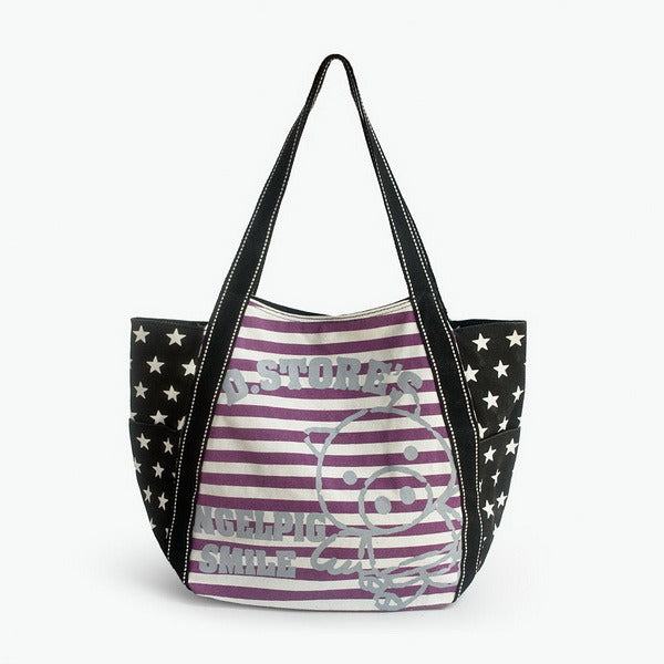 ILEA - [Purple Smile Pig] 100% Cotton Eco Canvas Shoulder Tote Bag / Shopper Bag / Multiple Pockets