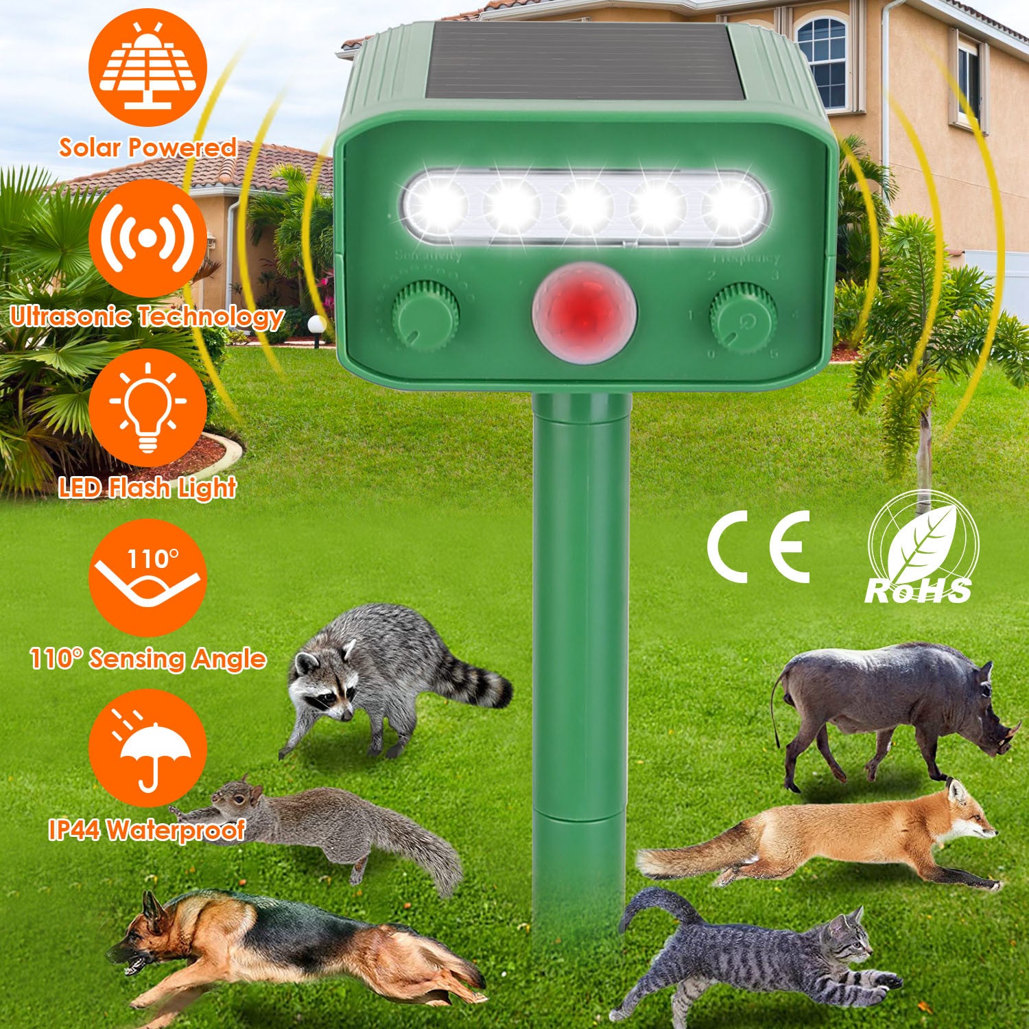 Solar Powered Ultrasonic Animal Repeller Motion Sensor Animal Chaser