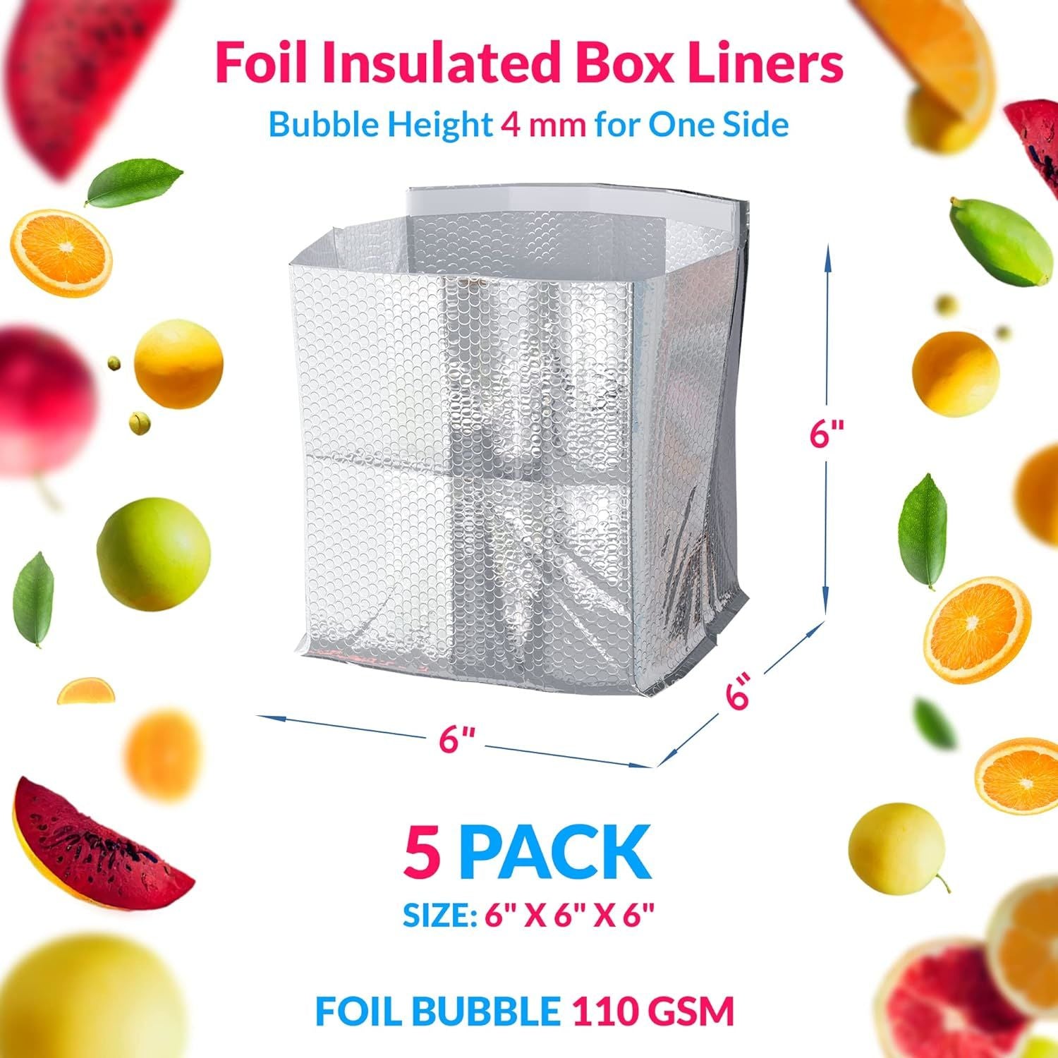 Insulated Box Liners 6x6x6 Inch Size. Pack of 5 Bubble Packaging Bags 6" x 6" x 6" Cold Box Insulation Liners. Foil Insulated Thermal Bags. Bubble The