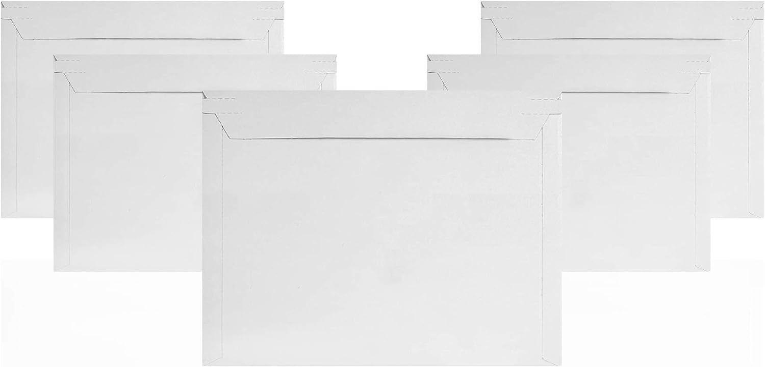 Pack of 25 White Rigid Photo Mailers 12.5 x 9.5 Paperboard Stay Flat Mailers 12 1/2 x 9 1/2 Self Sealing; No Bend Documents Chipboard Envelopes for Mailing Shipping Packing and Packaging