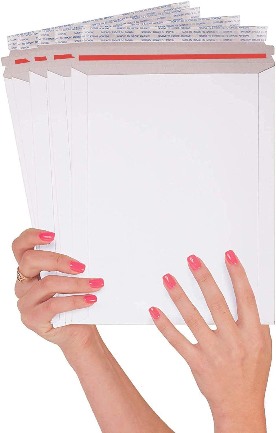 Rigid Paperboard Mailers 9 x 11.5 Inch Size. 25 Pack Stay Flat Envelopes. White Photography Mailer 9 x 11 1/2. No Bend Documents; Photo. Shipping Envelopes Peel and Seal; Redi-Strip. Cardboard