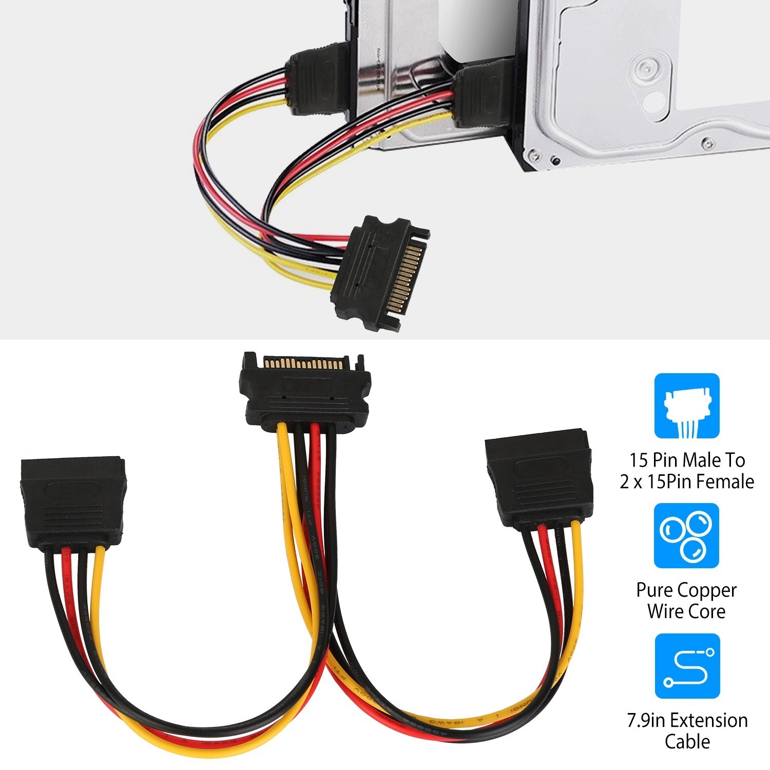 15 Pin Y Splitter Cable Adapter Male To Female Converter Cord for Hard Drive