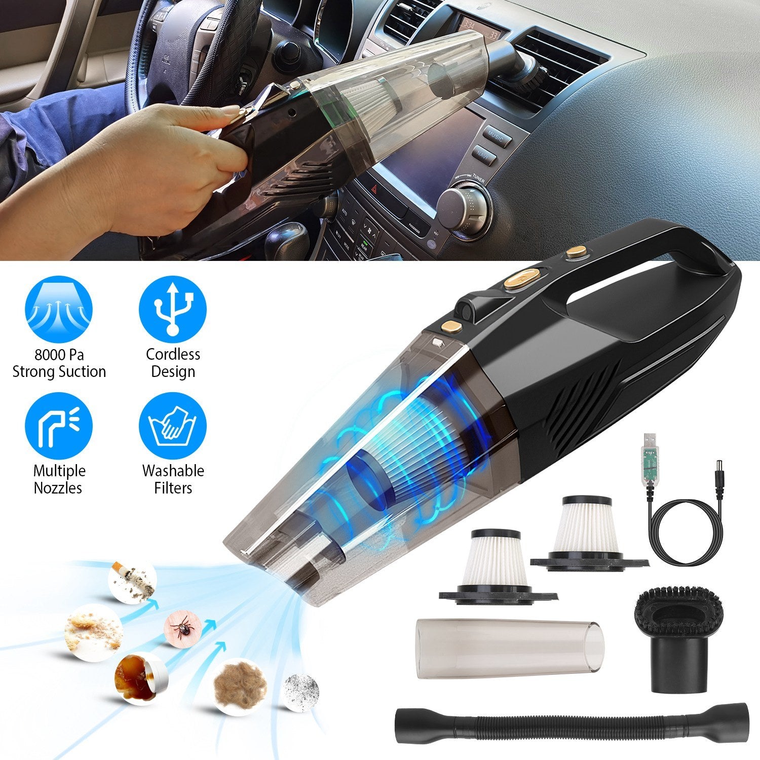 Handheld Cordless Car Vacuum Cleaner 120W 8000PA DC 12V Car Auto Home Duster