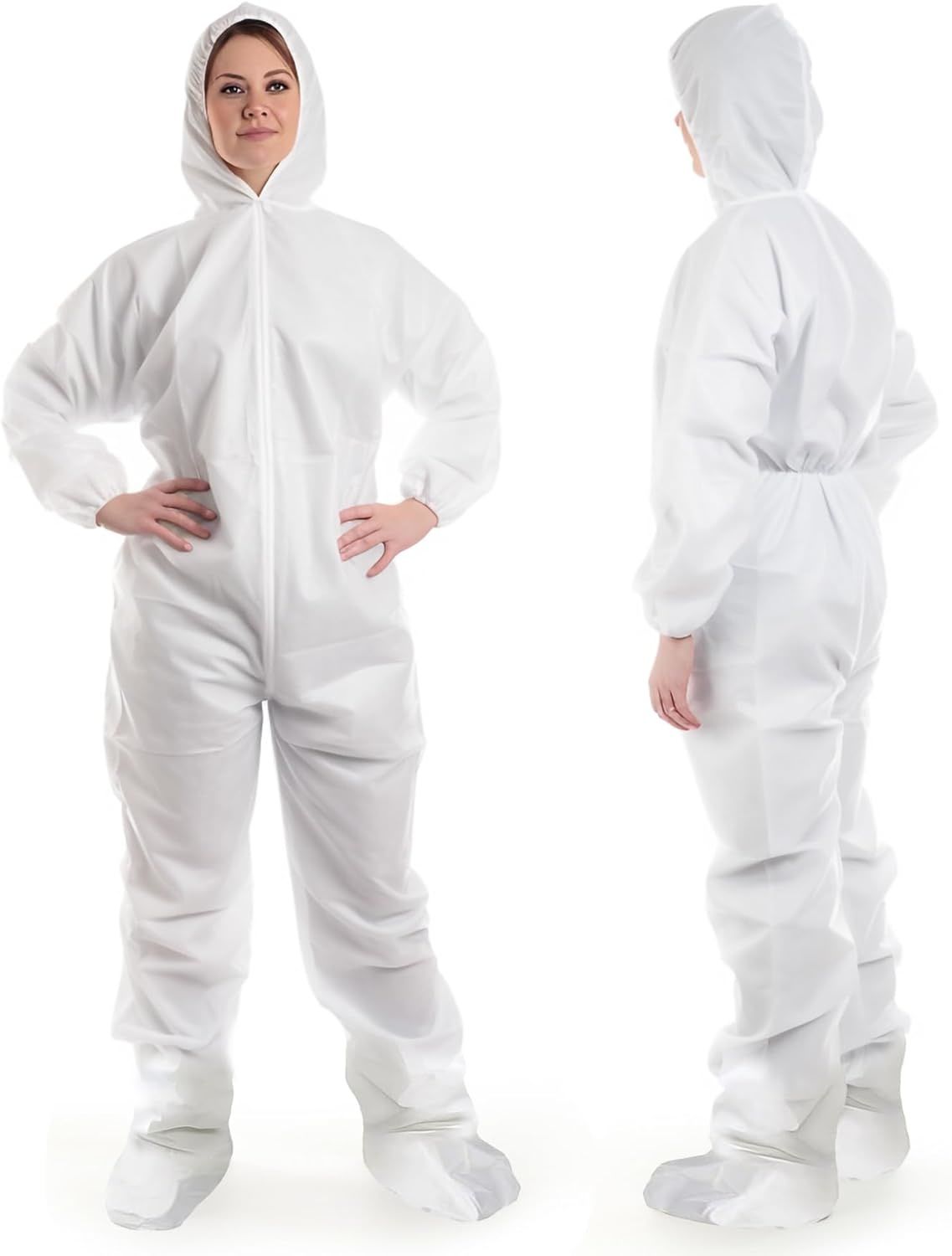 Disposable Coveralls X-Large Size Microporous White Polypropylene Overall 55G with Boot Hood Elastic Cuffs Waist Unisex Workwear for Cleaning Painting Manufacturing Heavy-Duty Protective Overalls