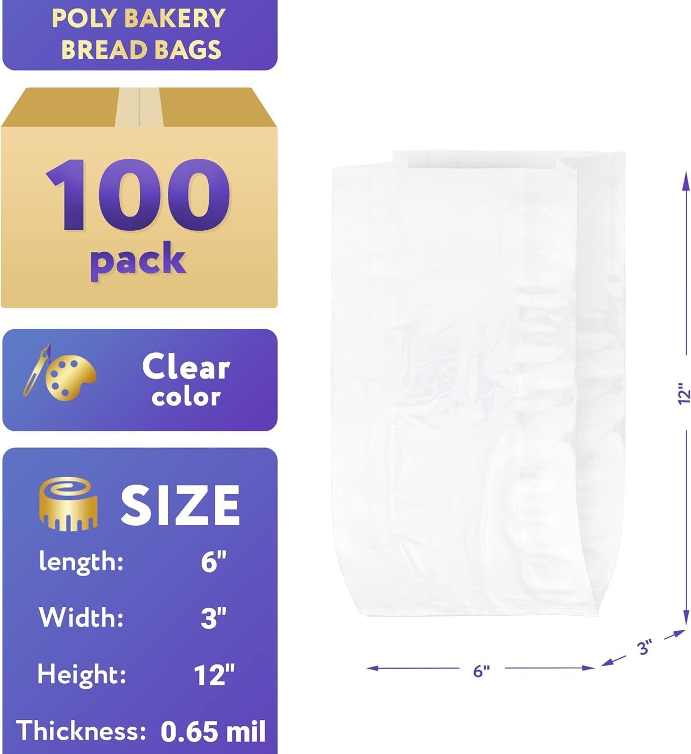 Plastic Bread Bags 6" x 3" x 12". Pack of 100 Gusseted Plastic Bags for Homemade Bread. 6x3x12 Polyethylene Bread Bag. 0.65 Mil Thick Clear Plastic Ba
