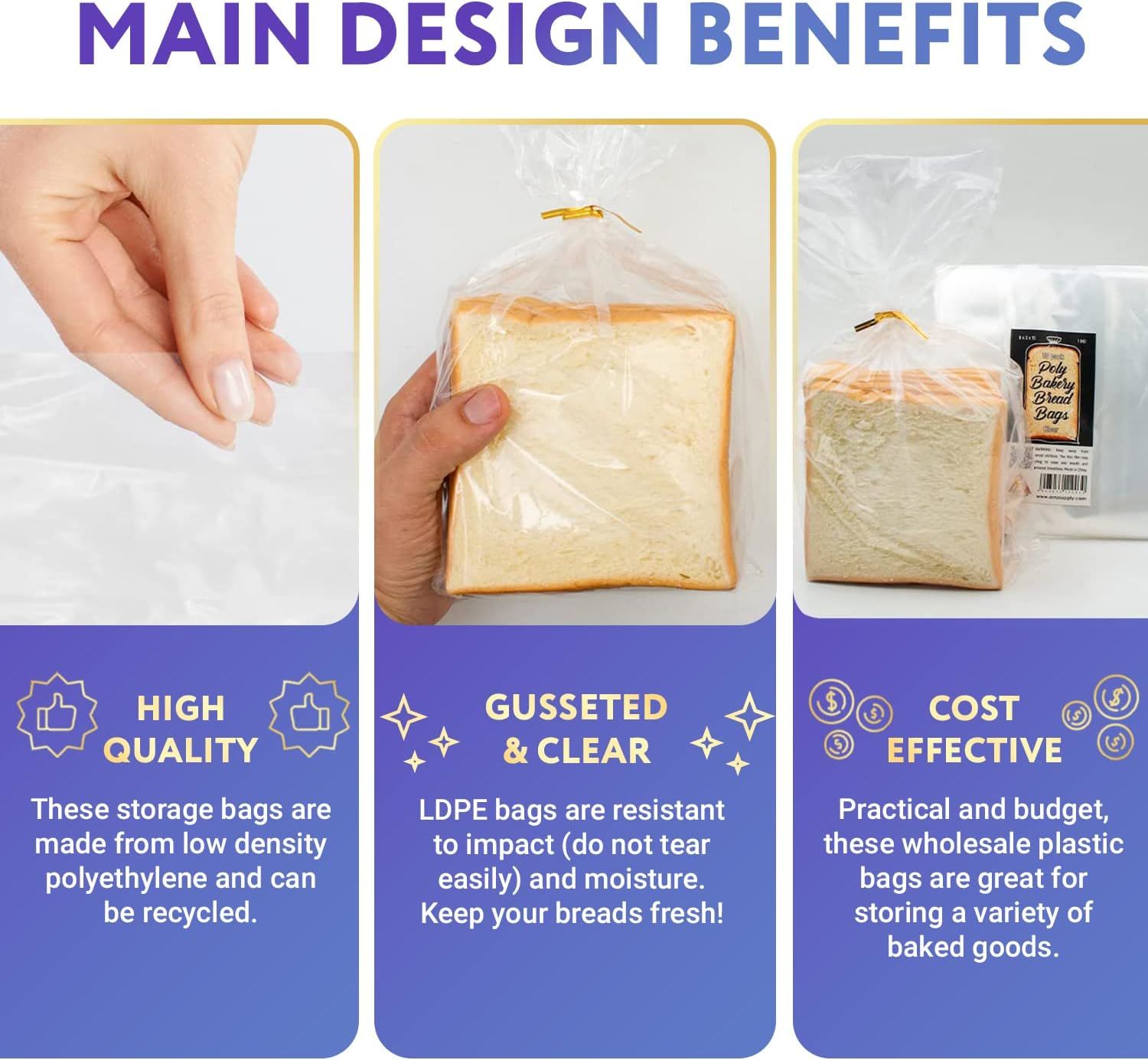 Plastic Bread Bags 6" x 3" x 12". Pack of 100 Gusseted Plastic Bags for Homemade Bread. 6x3x12 Polyethylene Bread Bag. 0.65 Mil Thick Clear Plastic Ba