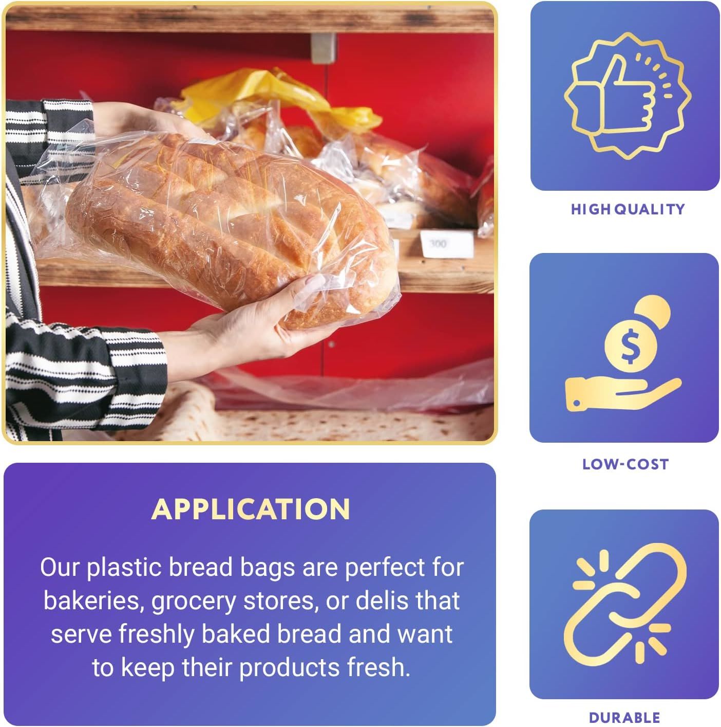 Plastic Bread Bags 6" x 3" x 12". Pack of 100 Gusseted Plastic Bags for Homemade Bread. 6x3x12 Polyethylene Bread Bag. 0.65 Mil Thick Clear Plastic Ba
