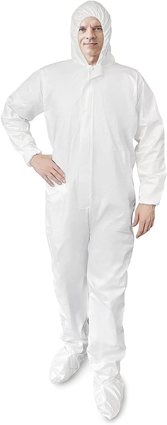 Disposable SF Coveralls. Pack of 5 White Body Protective Suits of Laminated Polypropylene 60 gsm. Medium PPE Workwear with Microporous Film; Hood; Boots; Zipper; Elastic Wrists for Painting.