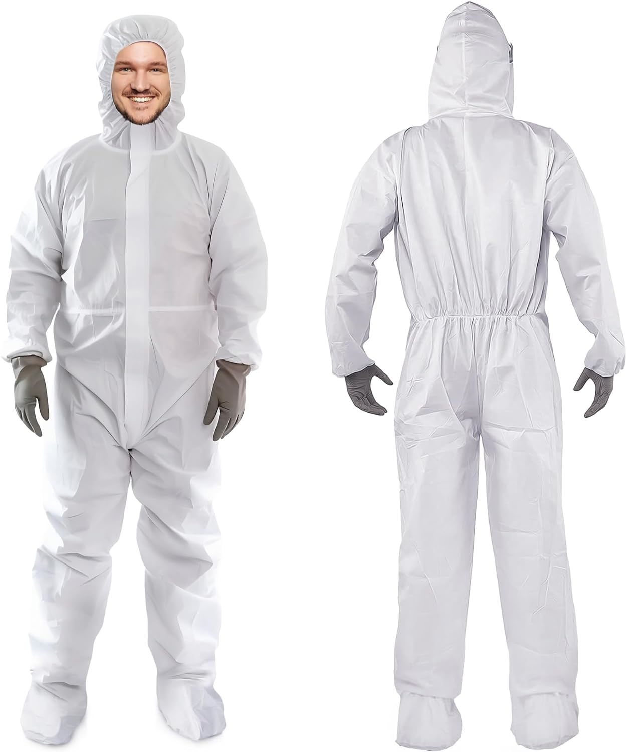 Hazmat Suits Disposable 4X-Large. Pack of 5 Disposable Coveralls. 60 gsm Microporous Protective Suits with Attached Hood; Boots; Zipper Front; Elastic Wrists. Painters Suit