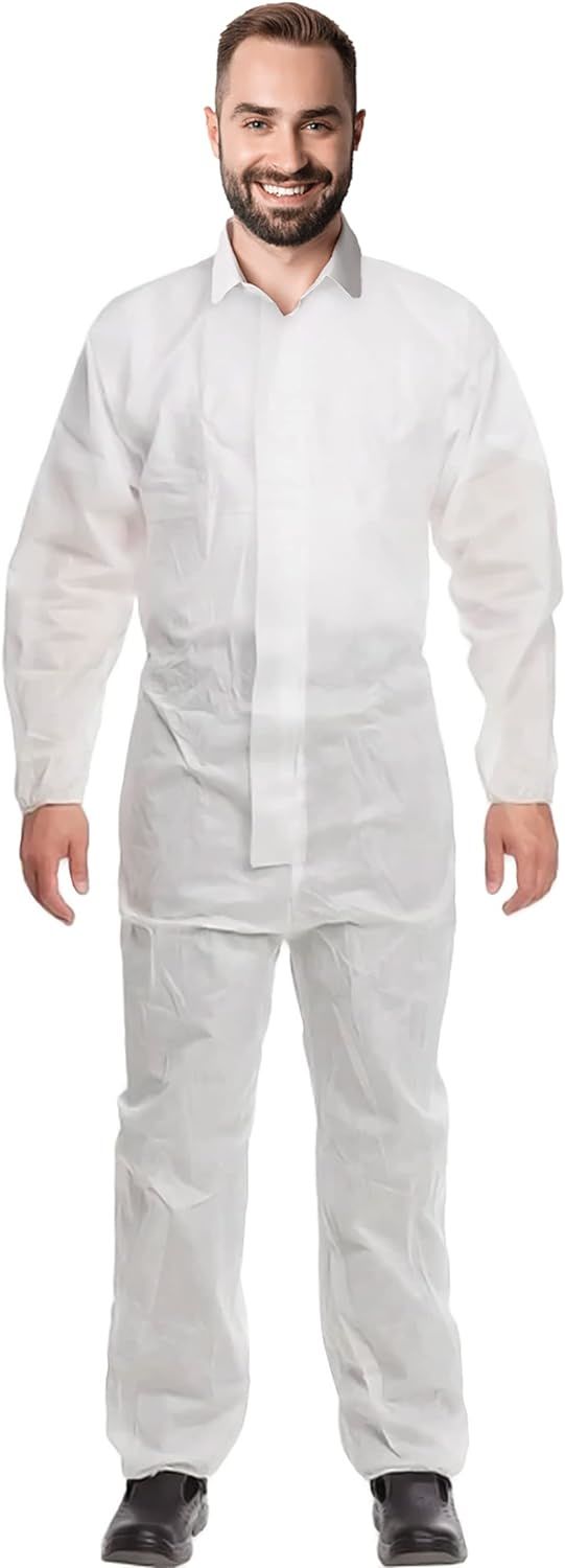 Disposable Coverall; Paint Suit Medium. White Hazmat Suit. 60 gsm SMS Fabric Painters Suit with Zipper Front Entry; Elastic Wrists; Elastic Ankles; Unisex Protective Suit