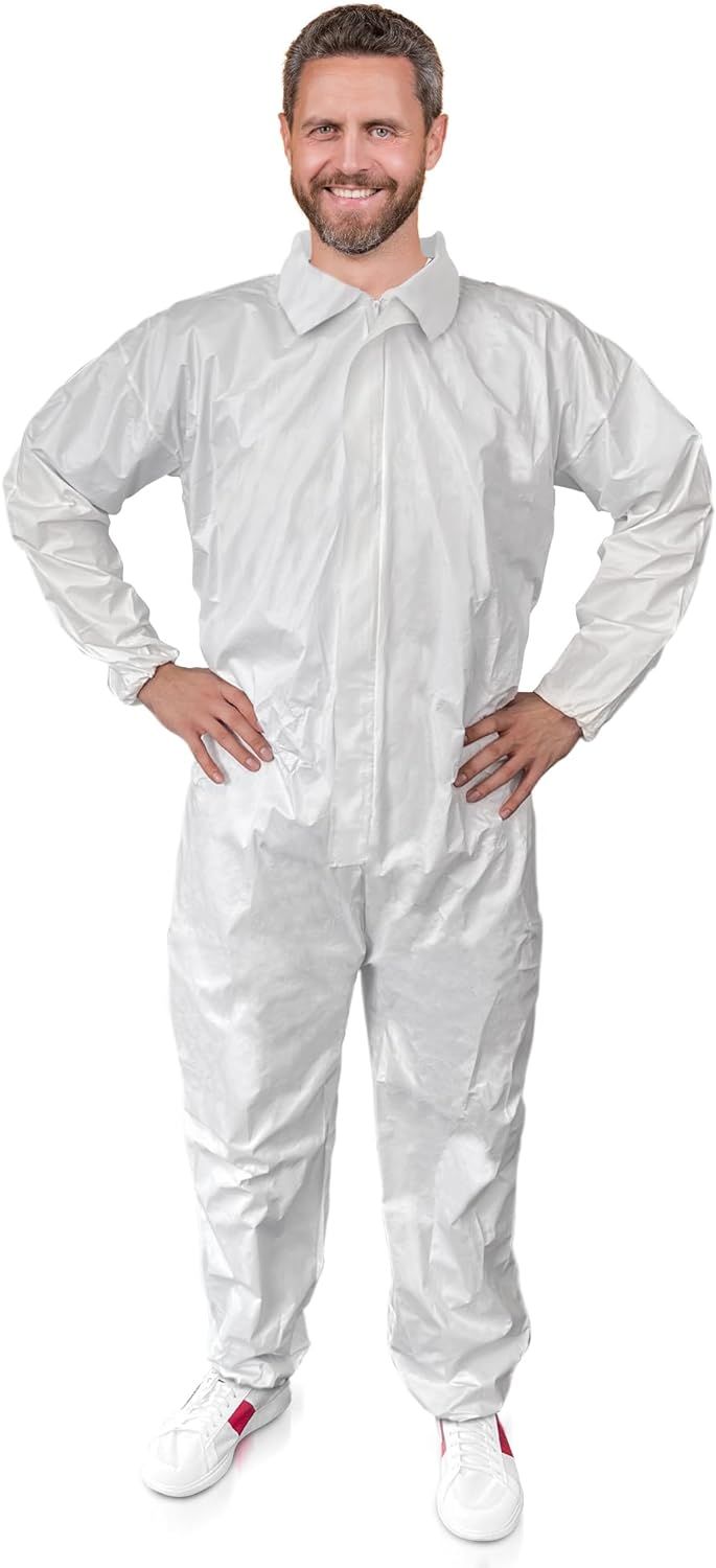 Disposable Hazmat Suit. 4X-Large Disposable Coverall White with Zipper Front Entry and Elastic Wrists. 60 gm/m2 Microporous Protective Suit for Graffiti; Workers; Cleaners. Paint Suit