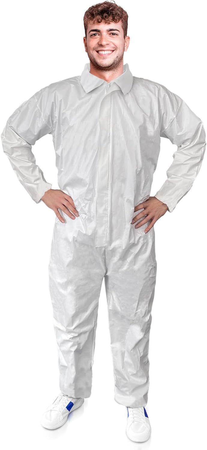 Disposable Hazmat Suit. 3X-Large Disposable Coverall White with Zipper Front Entry and Elastic Wrists. 60 gm/m2 Microporous Protective Suit for Graffiti; Workers; Cleaners. Paint Suit