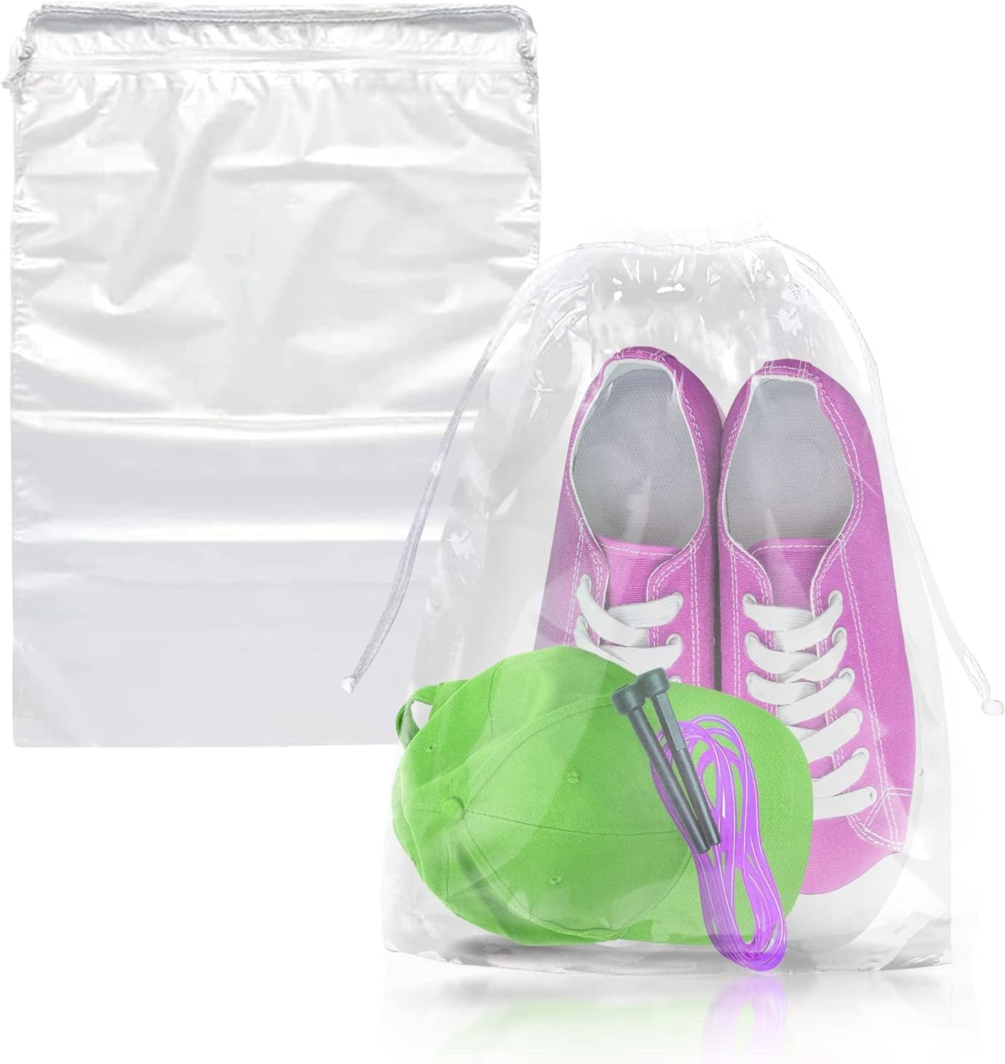 Travel Shoe Bags 12" x 18". Pack of 100 Clear Plastic 2 mil Pouches with Drawstring Closures for Packing and Storing. Waterproof Portable Storage for Shoes; Sneakers; Boots. For Men & Women