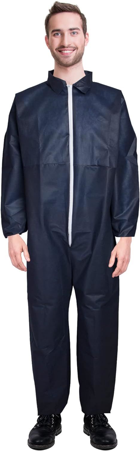 Hazmat Suits Disposable Coveralls. Pack of 5 Dark Blue Medium Painters Suits; 55gsm Polypropylene Protective Clothing with Zipper Front Entry and Elastic Wrists. PP Protective Suit