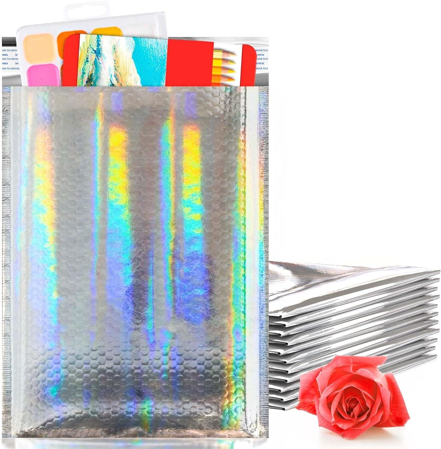 Hologram Bubble Mailers 9.5x13.5 Metallic Padded Envelopes Pack of 25 Cushioned Mailing Envelopes Padded; Self-Seal Bubble Envelopes; Cute Packaging for Small Business