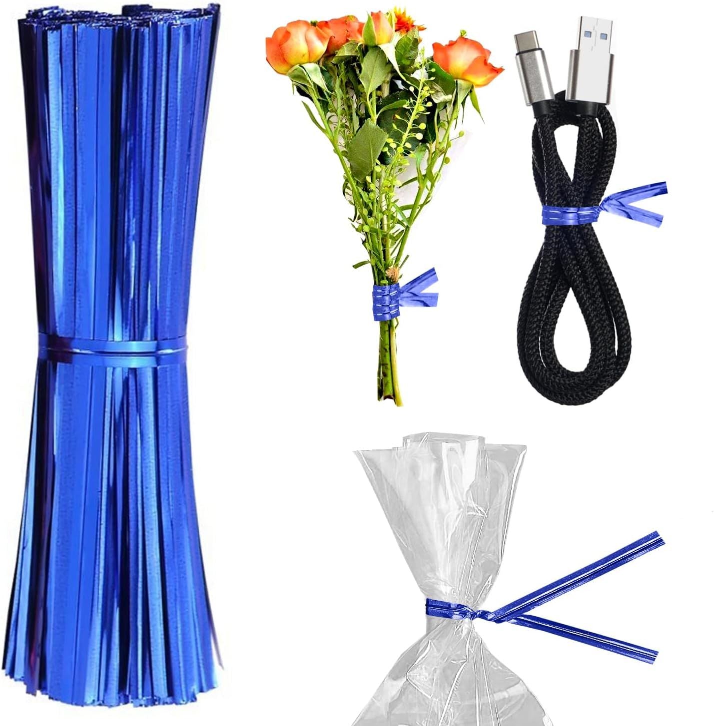 1000 Pack of Glossy Blue Twist Ties; 4" Bag Ties; Metalic Foil Twist Ties for Сellophane Bags and Party Bags; Foil Coated Ties; Bendable Multi-Function Strong Wire Ties for Tying Gift