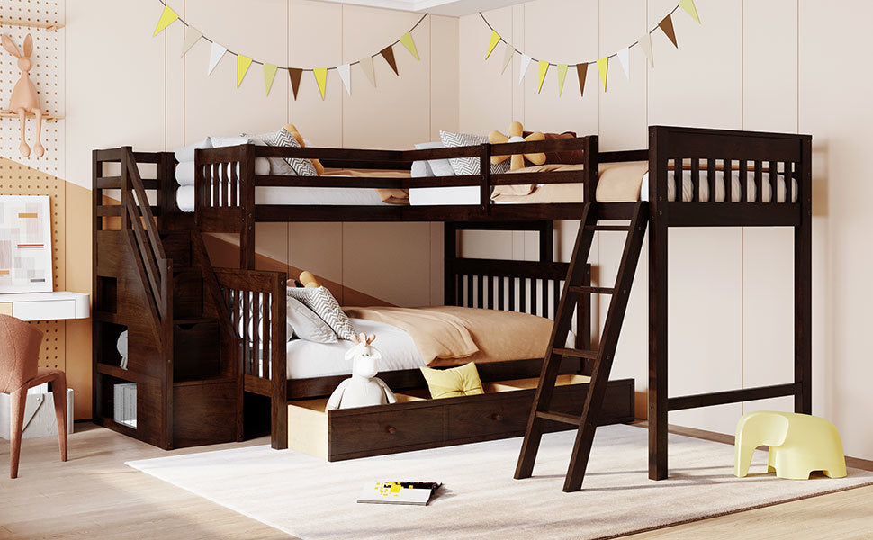 Twin over Full L-Shaped Bunk Bed With 3 Drawers, Ladder and Staircase