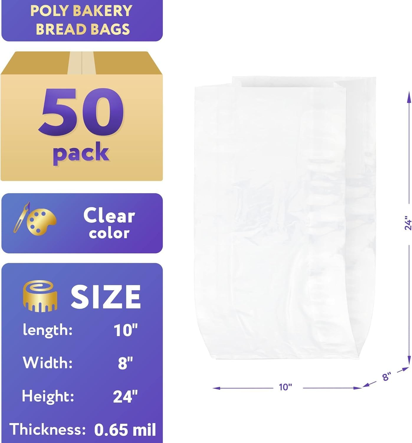 Pack of 50 Jumbo Bakery Bread Bags 10 x 8 x 24. Large Clear Gusseted Bags 10x8x24. 0.65 mil Thick. Polyethylene Bags for Home; Bakeries and Other Food