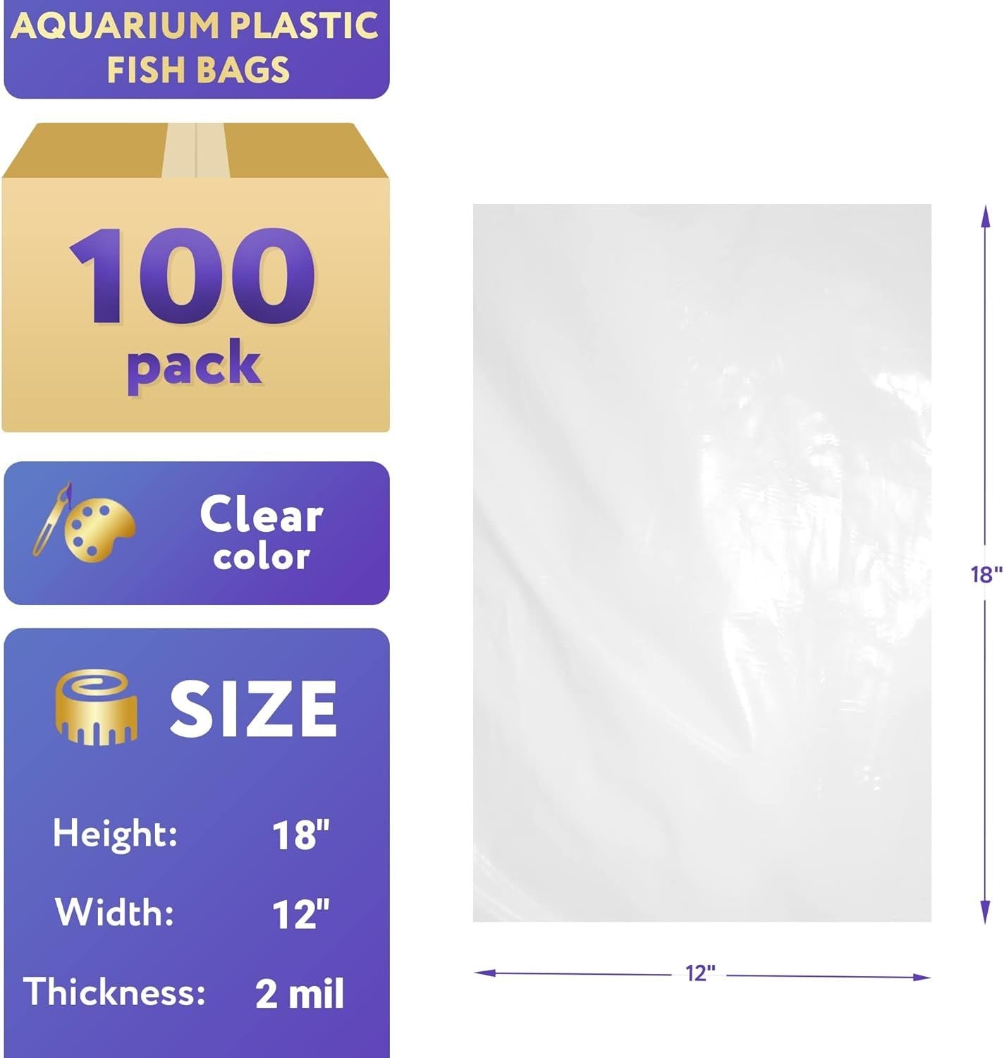 Aquarium Plastic Fish Bags 12" x 18"; Clear Polyethylene Bags Pack of 100; Plastic Bags for Fish; 2 Ml Plastic Bags; Clear Food Grade Plastic Bags 12x