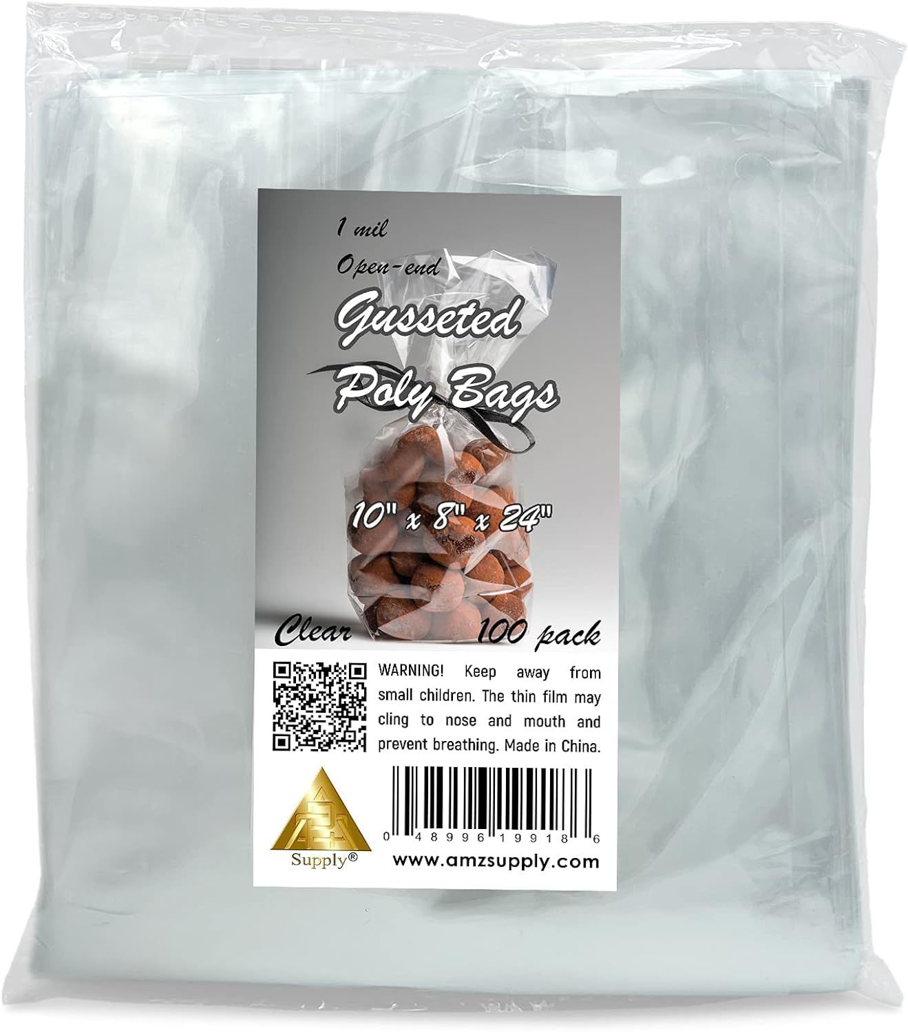 Pack of 100 Clear Gusseted Poly Bags 10 x 8 x 24 Clear Polyethylene Bags 10x8x24 Expandable 1 Mil Ultra Thin Bags for Industrial Food Service Health N